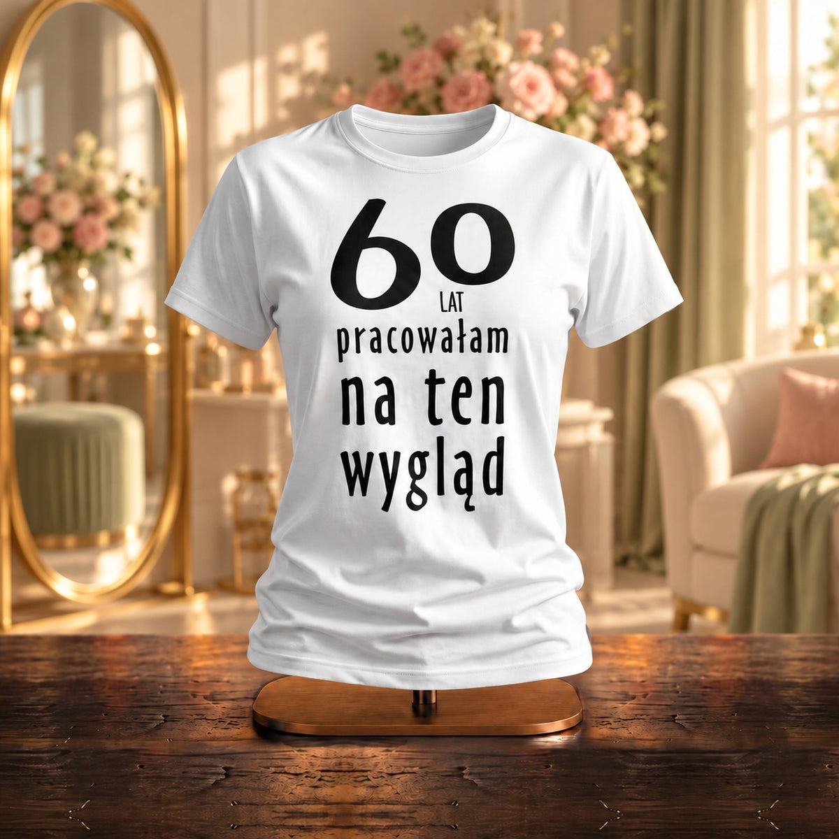 60 Lat PRACOWAŁAM NA TEN WYGLĄD - Koszulka, Prezent na 60 Urodziny dla Kobiety - zdjęcie na podstawce