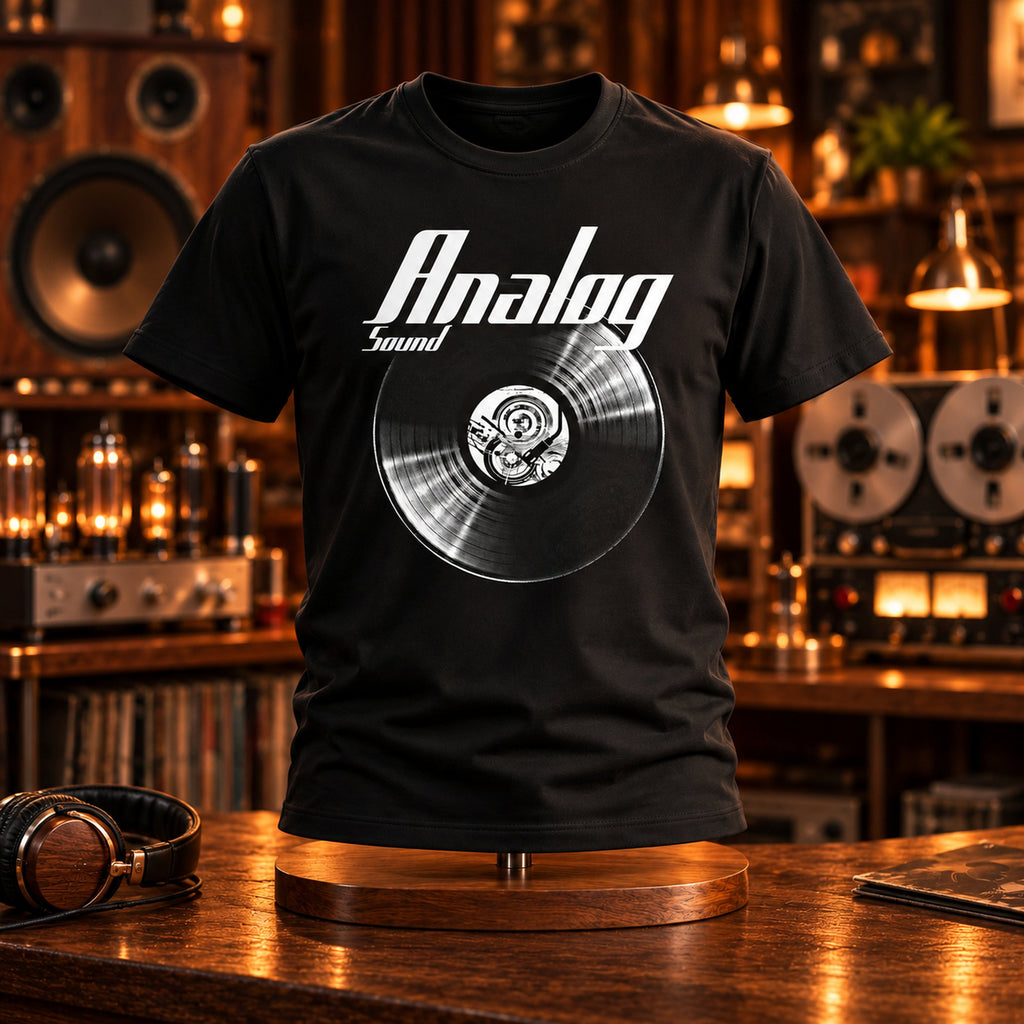 Analog Sound Vinyl Records t-shirt on a stand in a hi-fi room with a reel-to-reel tape deck - vinyl record print, GitGraf