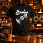Analog Sound Vinyl Records t-shirt on a stand in a hi-fi room with a reel-to-reel tape deck - vinyl record print, GitGraf