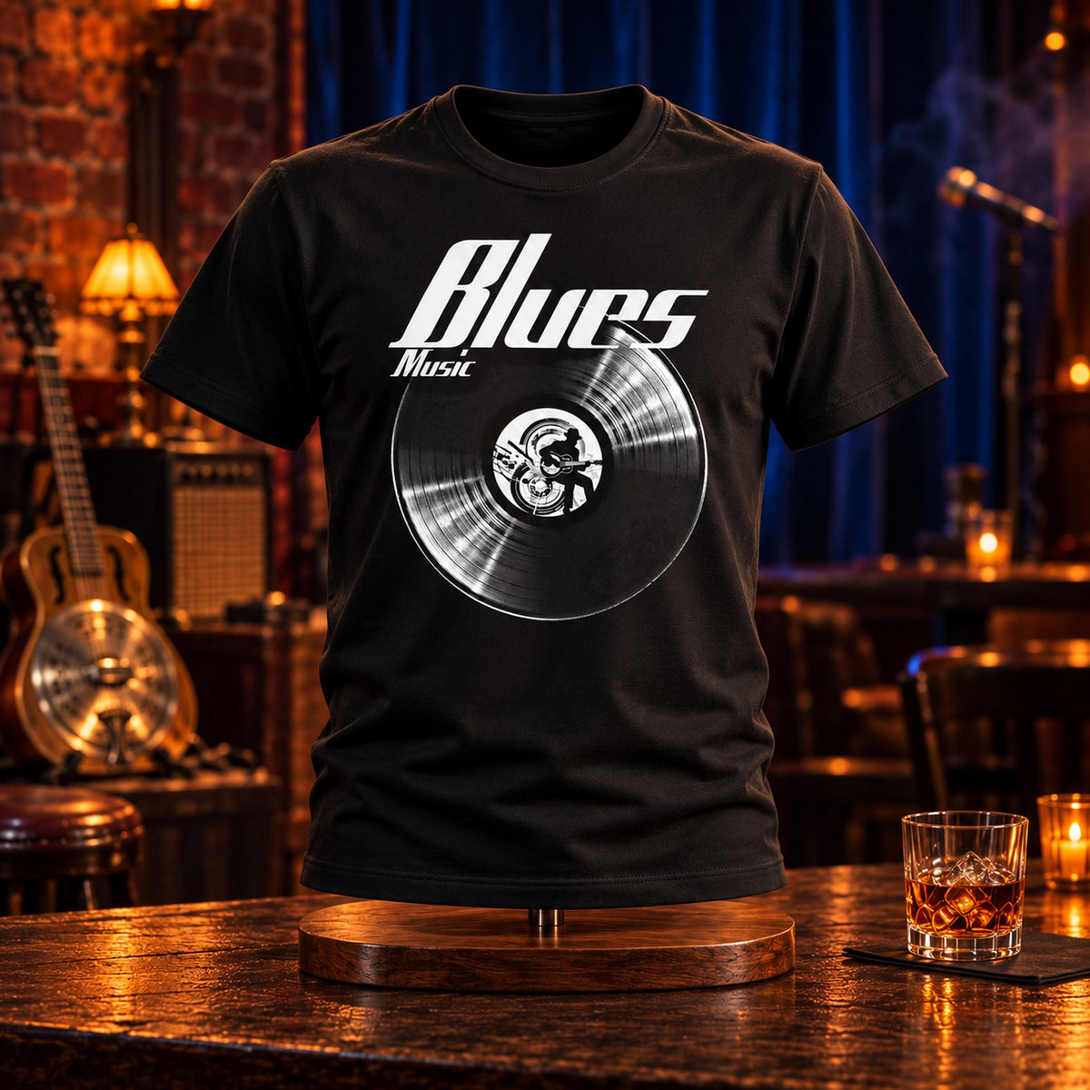 Blues Music Vinyl Records t-shirt on a stand in a blues bar with a resonator guitar - vinyl record print, GitGraf