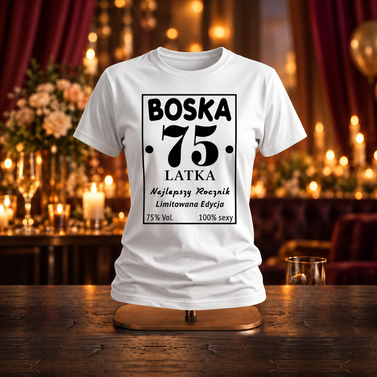 BOSKA 75 LATKA - Koszulka, Prezent na 75 Urodziny dla Kobiety - zdjęcie na podstawce
