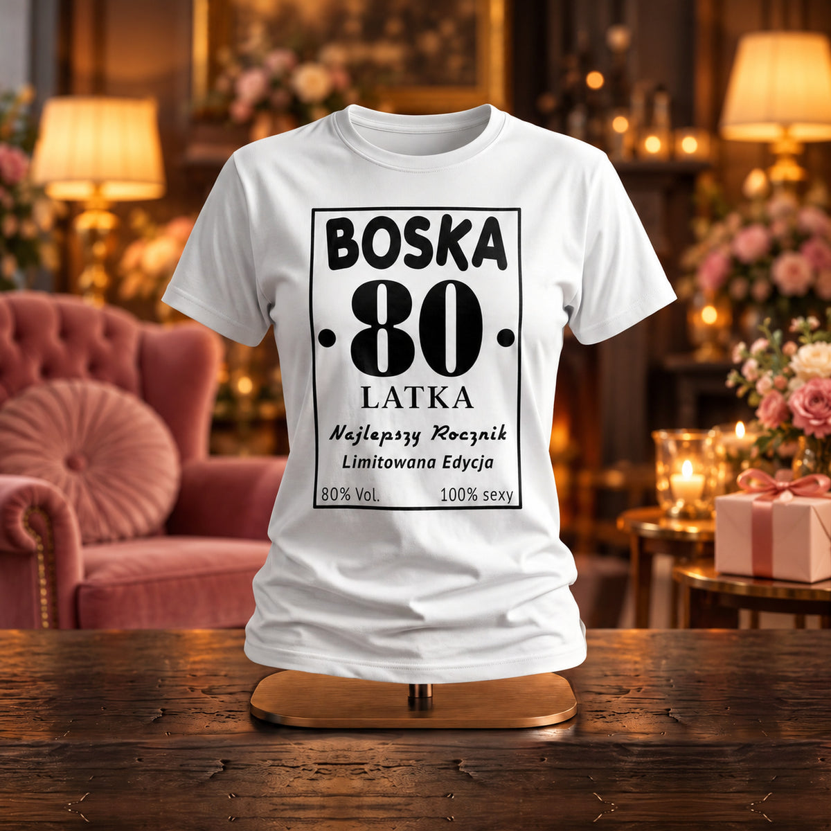 BOSKA 80 LATKA - Koszulka, Prezent na 80 Urodziny dla Kobiety - zdjęcie na podstawce