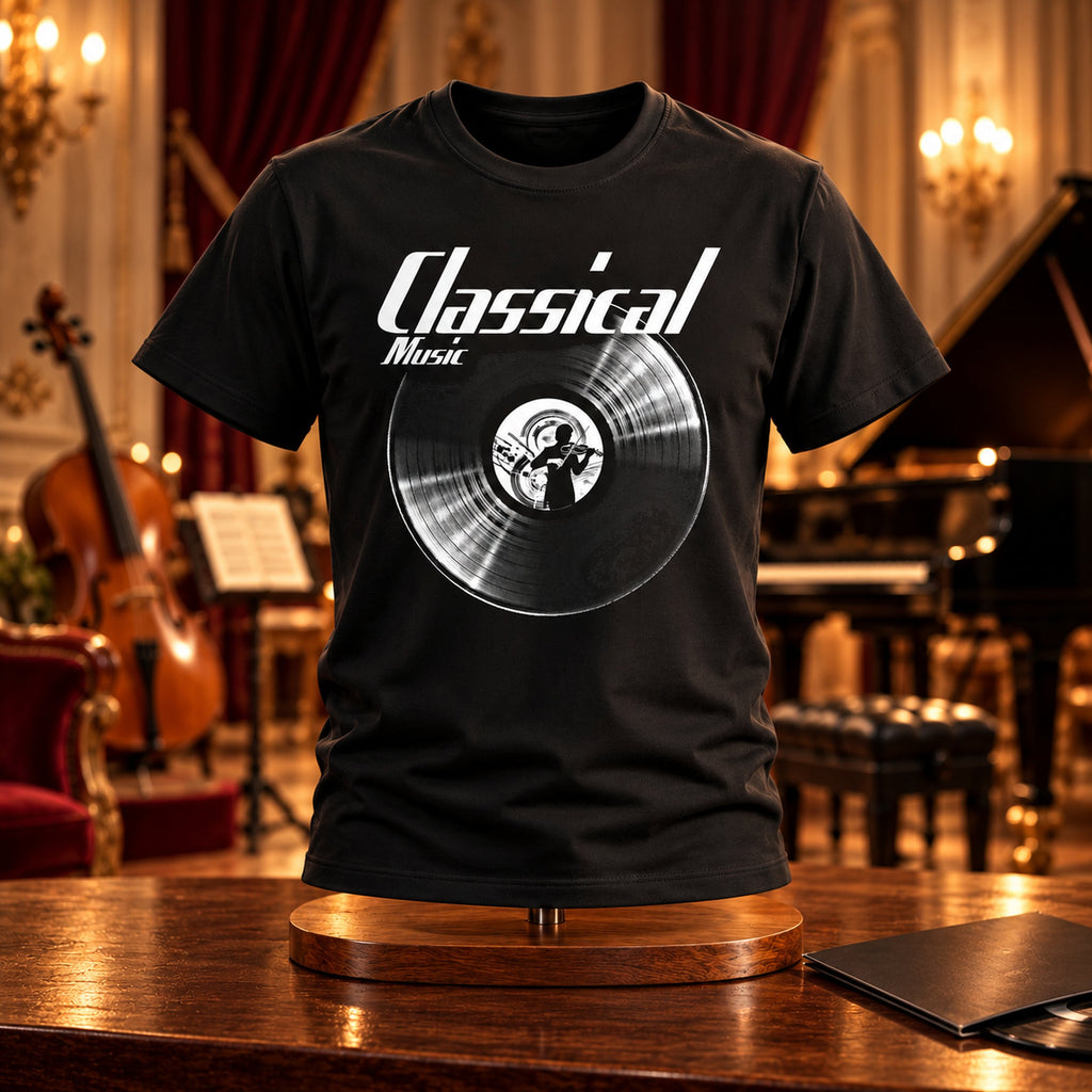 Classical Music Vinyl Records t-shirt on a stand in a concert hall with a double bass and a grand piano - vinyl record print, GitGraf