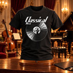 Classical Music Vinyl Records t-shirt on a stand in a concert hall with a double bass and a grand piano - vinyl record print, GitGraf