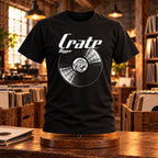 Crate Digger Vinyl Records t-shirt on a stand in a record shop among crates of vinyl - vinyl record print, GitGraf