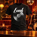 Funk Music Vinyl Records t-shirt on a stand in a retro club with bass guitars - vinyl record print, GitGraf