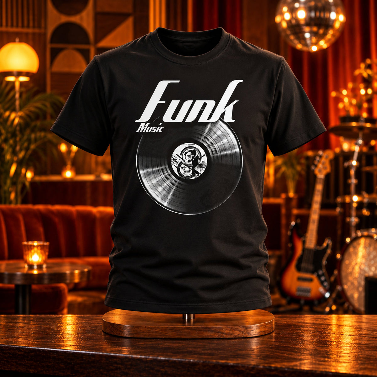 Funk Music Vinyl Records t-shirt on a stand in a retro club with bass guitars - vinyl record print, GitGraf