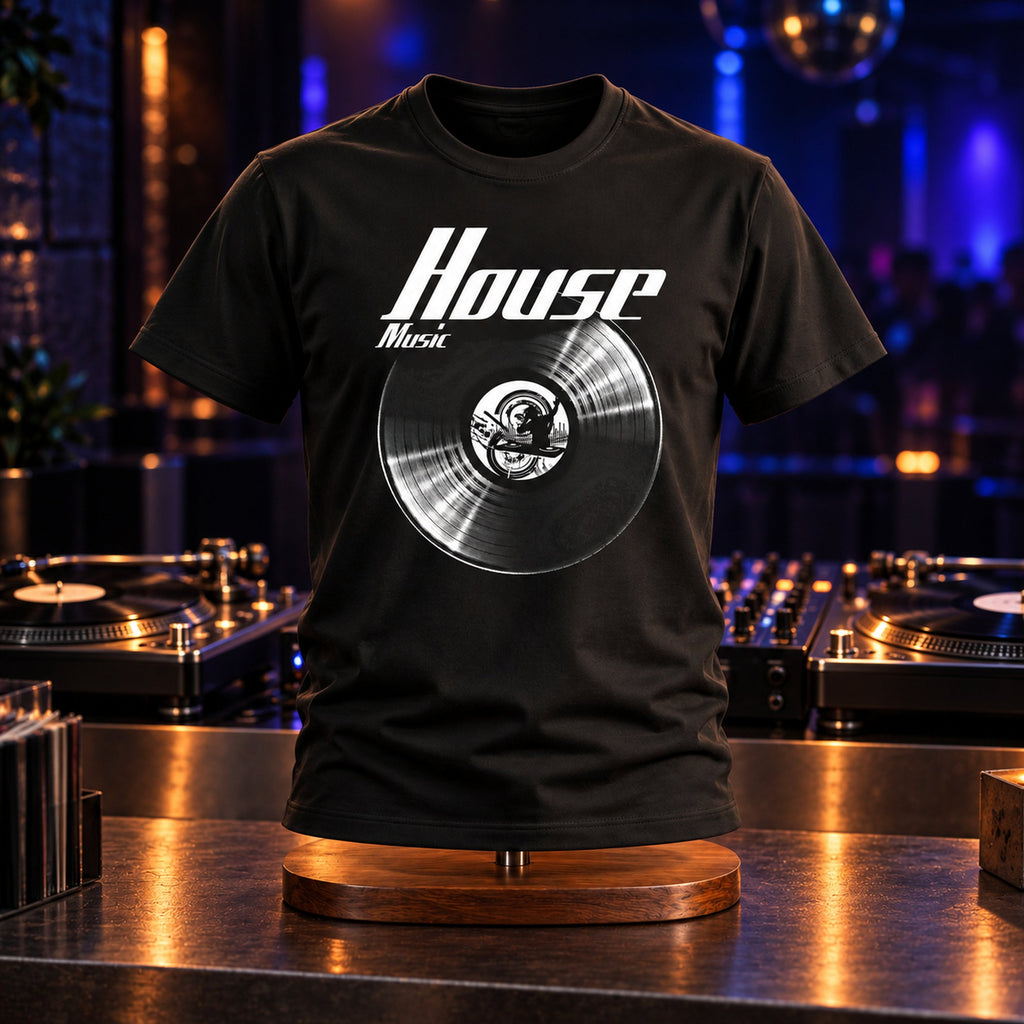 House Music Vinyl Records t-shirt on a stand by DJ turntables in a club - vinyl record print, GitGraf