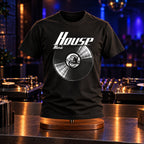 House Music Vinyl Records t-shirt on a stand by DJ turntables in a club - vinyl record print, GitGraf