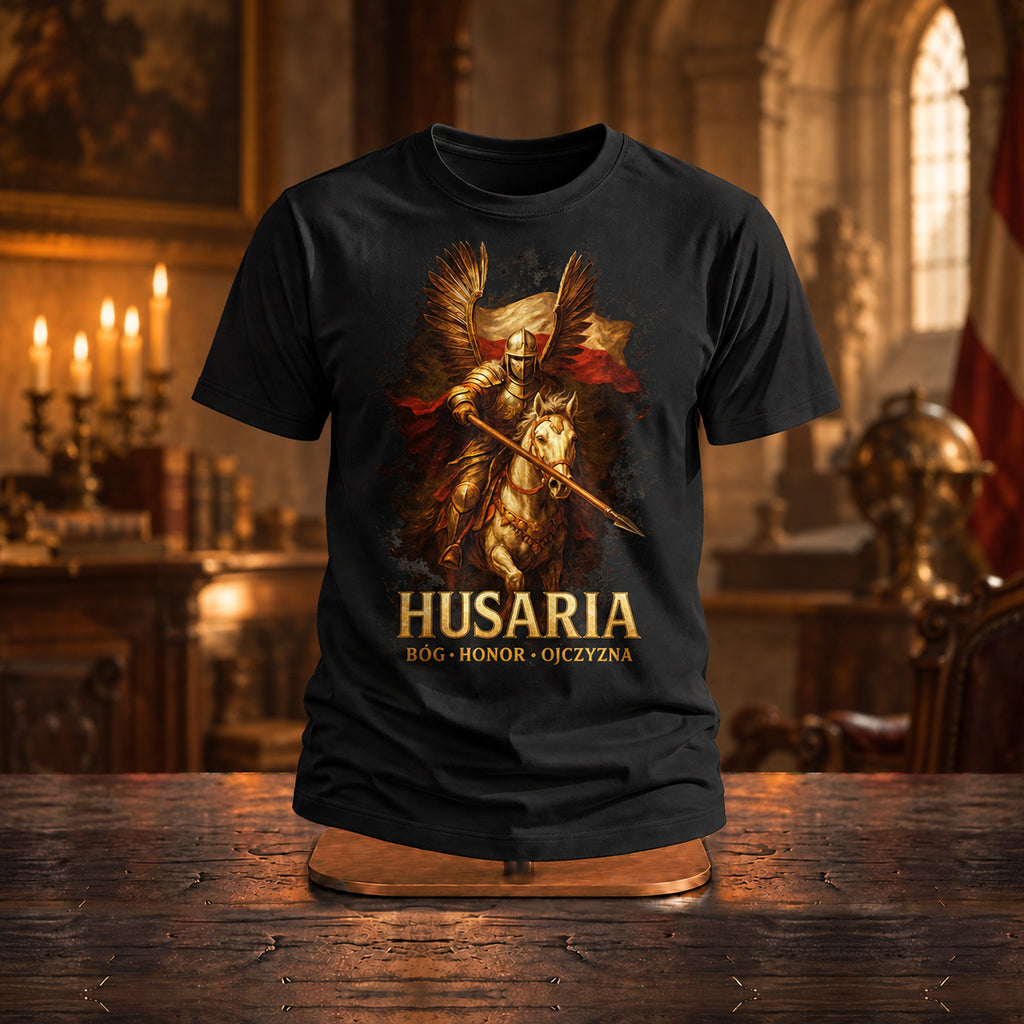 Husaria Bóg Honor Ojczyzna - Polska Koszulka Patriotyczna - zdjęcie na podstawce