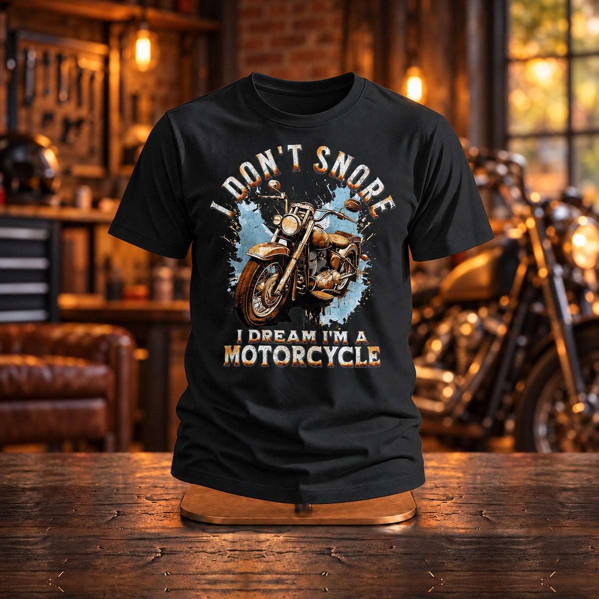 Black I Don't Snore, I Dream I'm a Motorcycle t-shirt on a wooden stand in a motorcycle garage