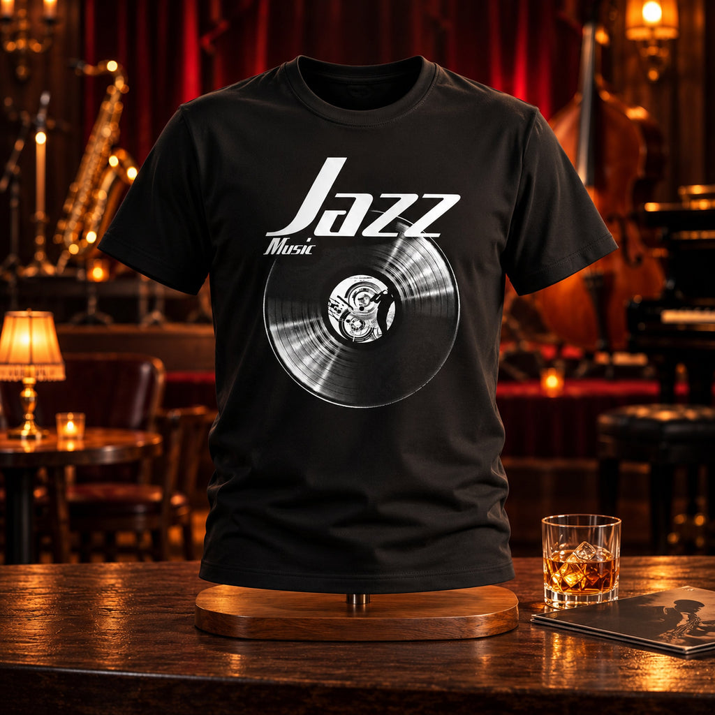 Jazz Music Vinyl Records t-shirt on a stand in a jazz pub with a saxophone - vinyl record print, GitGraf