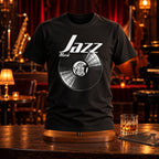 Jazz Music Vinyl Records t-shirt on a stand in a jazz pub with a saxophone - vinyl record print, GitGraf