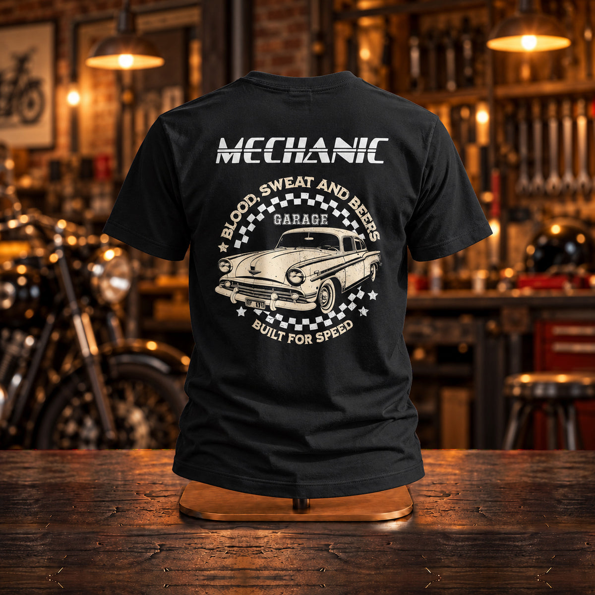 Garage Built for Speed - Koszulka z Nadrukiem na Plecach, Prezent dla Mechanika - zdjęcie na podstawce