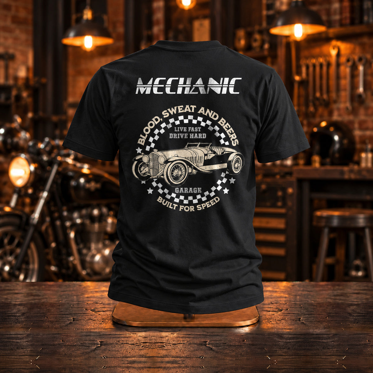 Live Fast Drive Hard - Koszulka z Nadrukiem na Plecach, Prezent dla Mechanika - zdjęcie na podstawce