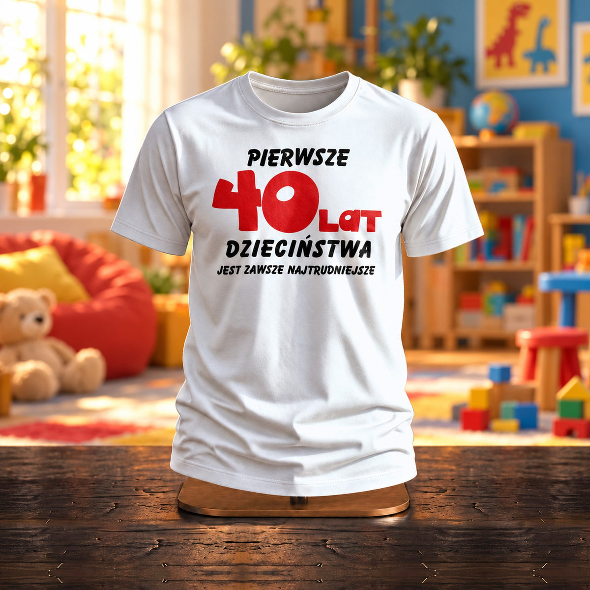 Pierwsze 40 Lat Dzieciństwa - Śmieszna Koszulka na 40 Urodziny - zdjęcie na podstawce