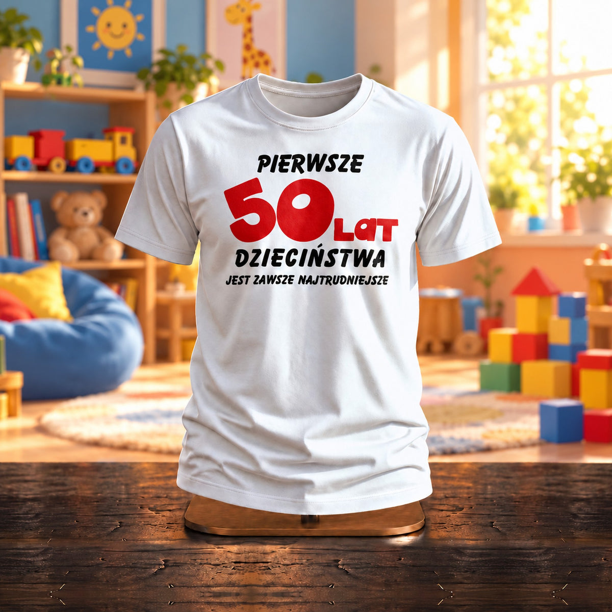 Pierwsze 50 Lat Dzieciństwa - Śmieszna Koszulka na 50 Urodziny - zdjęcie na podstawce