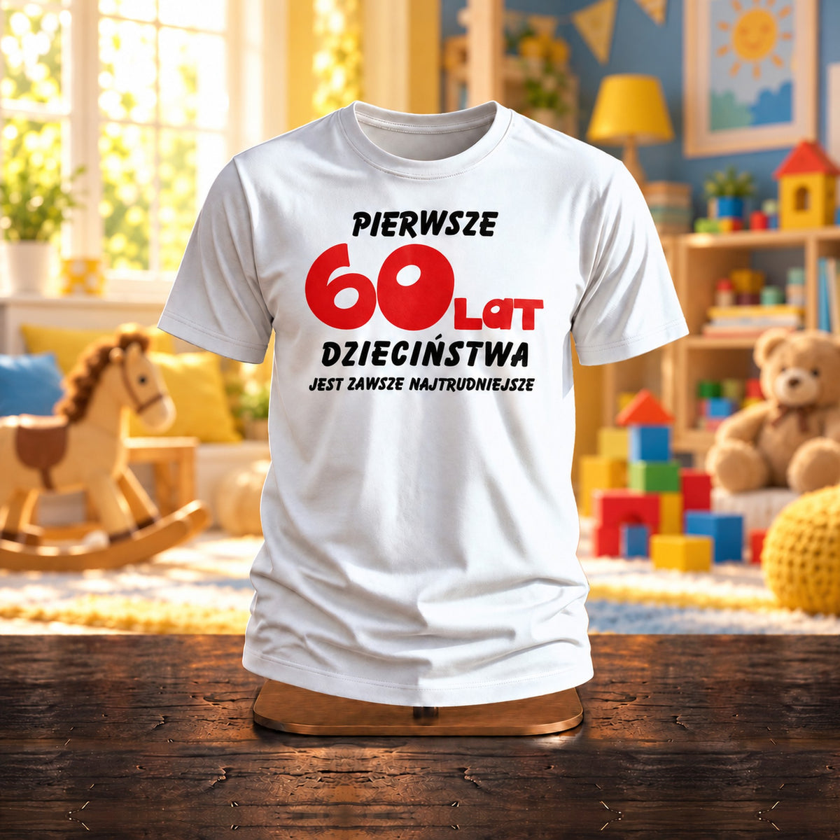 Pierwsze 60 Lat Dzieciństwa - Śmieszna Koszulka na 60 Urodziny - zdjęcie na podstawce