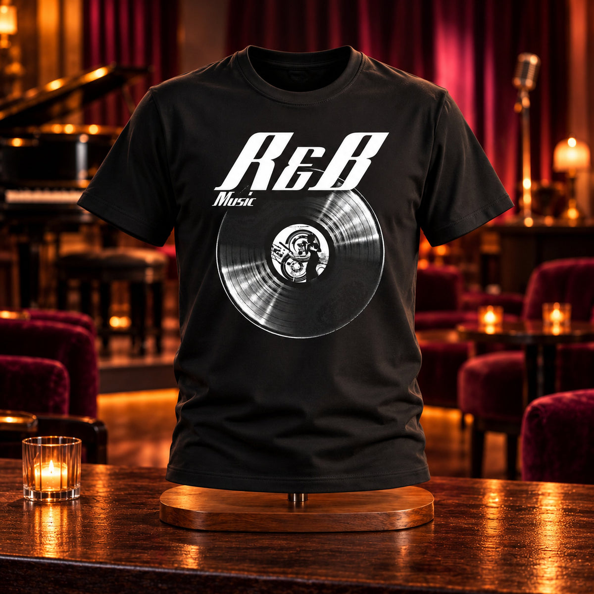 R&B Music Vinyl Records t-shirt on a stand in a lounge bar with red velvet seats - vinyl record print, GitGraf