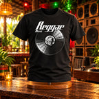 Reggae Music Vinyl Records t-shirt on a stand by a sound system speaker stack - vinyl record print, GitGraf