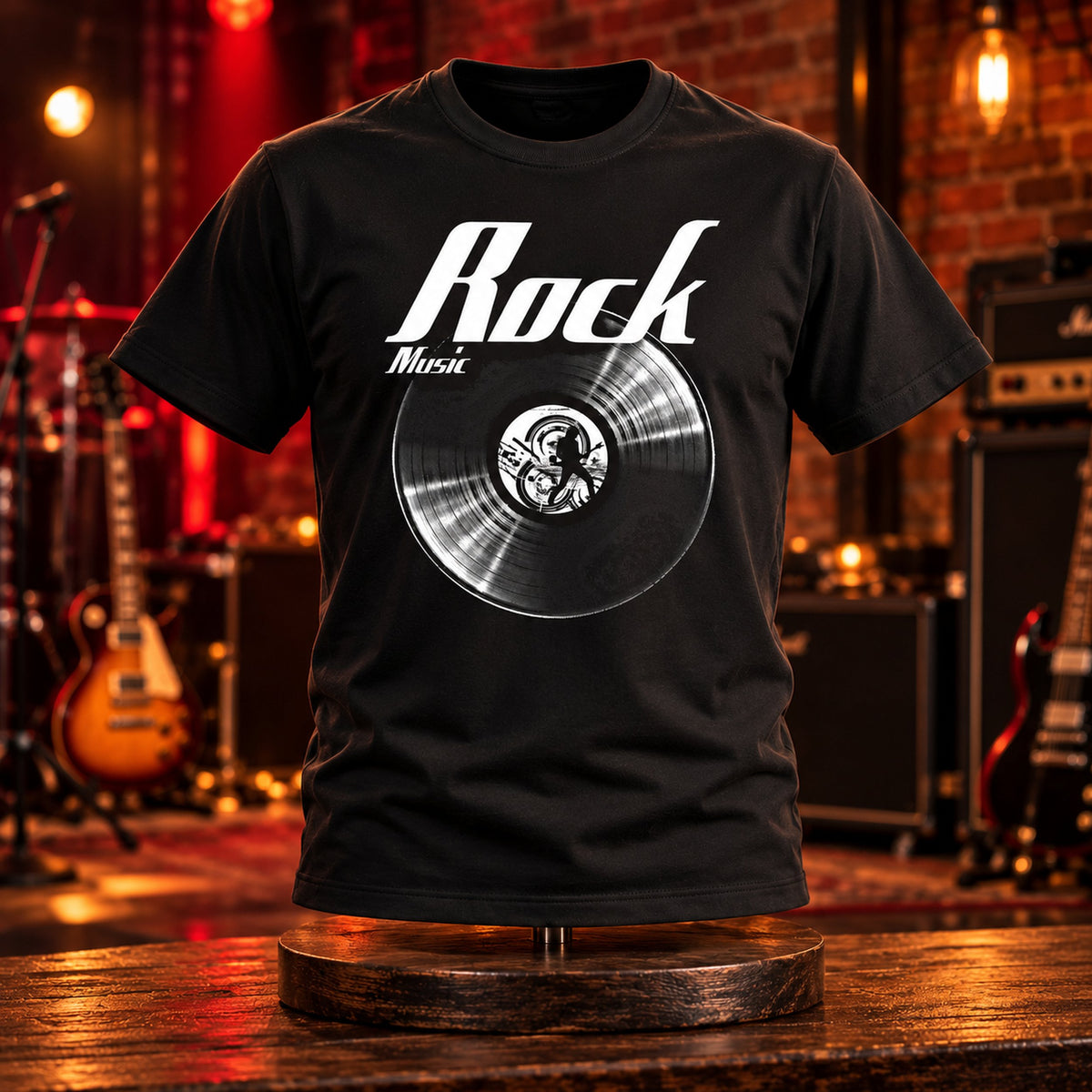 Rock Music Vinyl Records t-shirt on a stand on a rock stage with guitars and amplifiers - vinyl record print, GitGraf