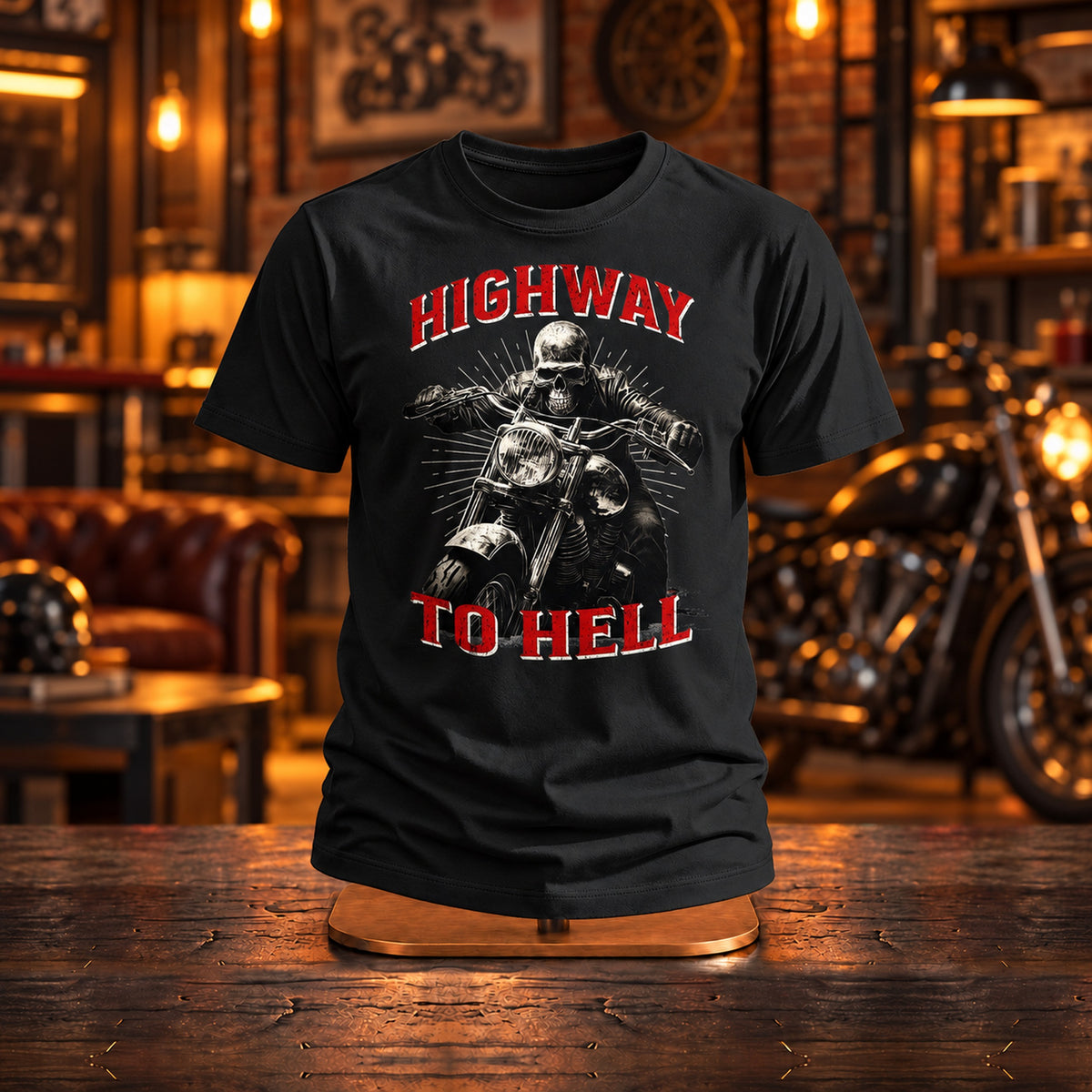 Black Highway to Hell skeleton biker (grey red) t-shirt on a wooden stand in a motorcycle garage