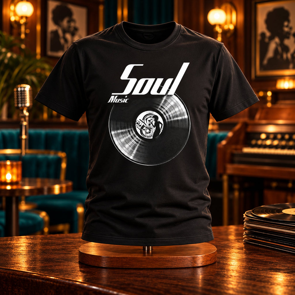 Soul Music Vinyl Records t-shirt on a stand in a soul club with an organ and a microphone - vinyl record print, GitGraf