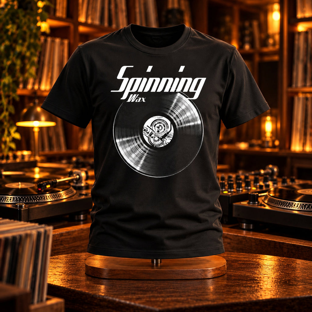 Spinning Wax Vinyl Records t-shirt on a stand in a vinyl bar behind DJ turntables - vinyl record print, GitGraf