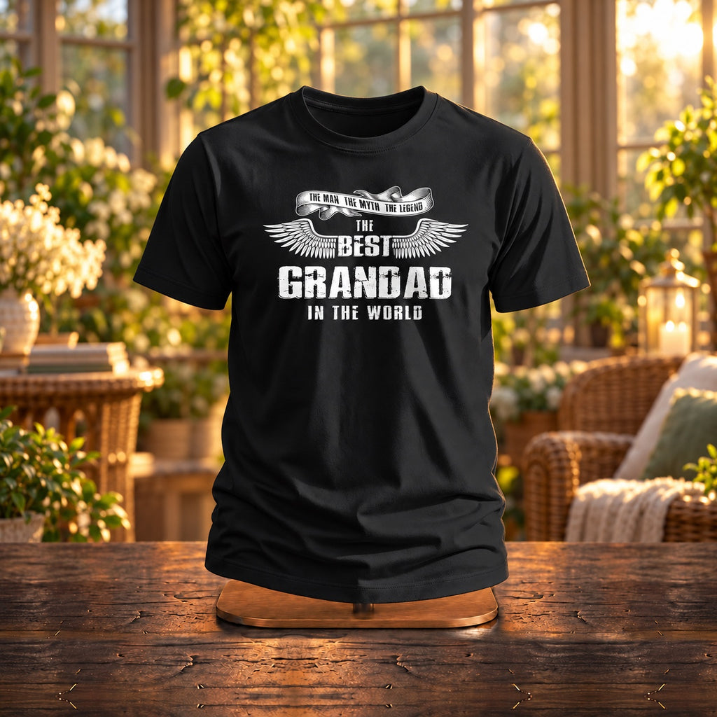 The Best Grandad In The World wings T-shirt in black on a wooden stand in a sunny garden room - gift for grandad