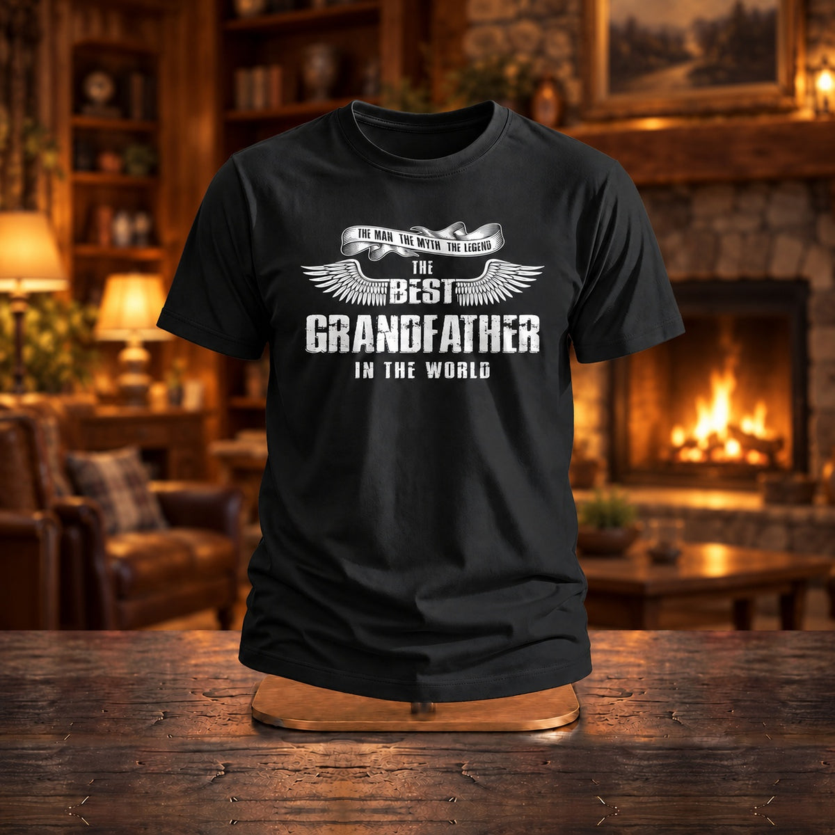 The Best Grandfather In The World wings T-shirt in black on a wooden stand by a lit fireplace - milestone birthday gift for grandfather