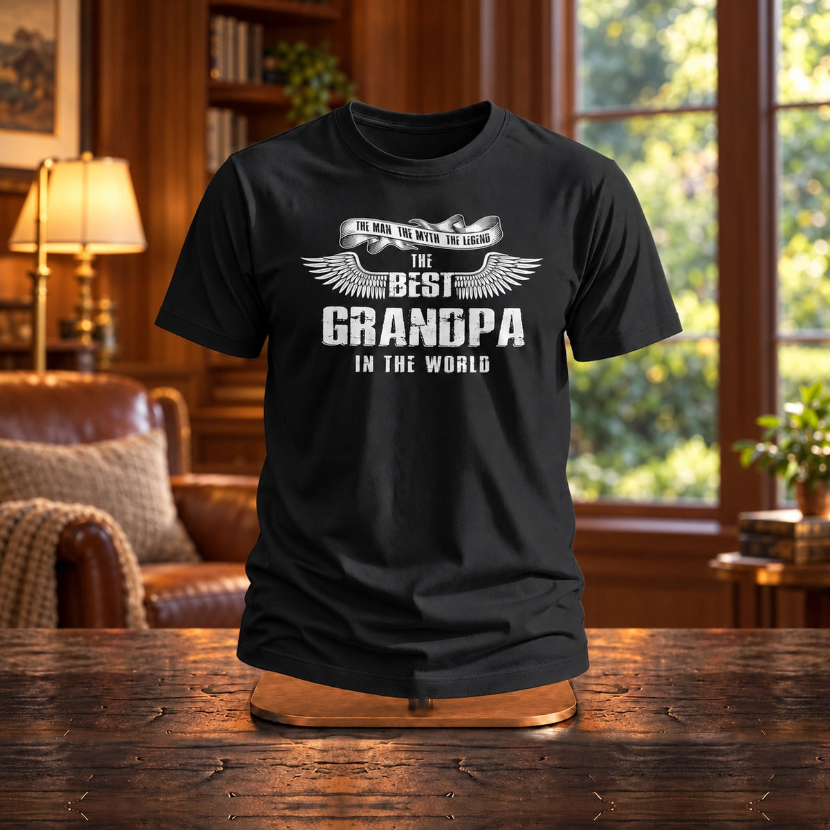 The Best Grandpa In The World wings T-shirt in black on a wooden stand in a study with a leather armchair - gift for grandpa from the grandkids