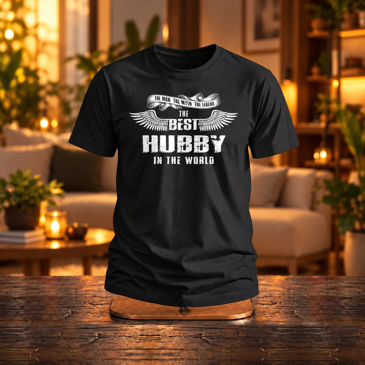 The Best Hubby In The World wings T-shirt in black on a wooden stand in a cosy living room with candles - funny gift for him from his wife