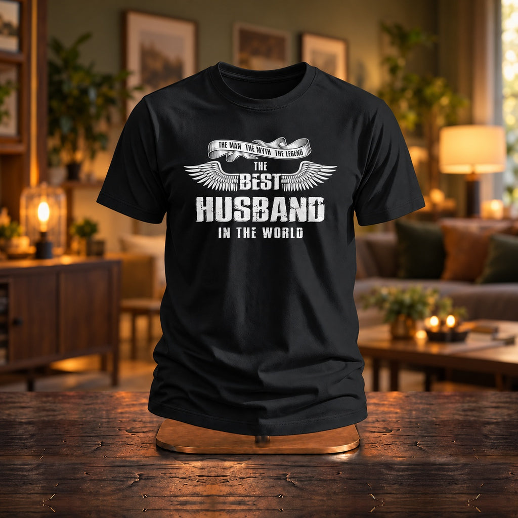 The Best Husband In The World wings T-shirt in black on a wooden stand in a warm lamp-lit living room - wedding anniversary gift for husband