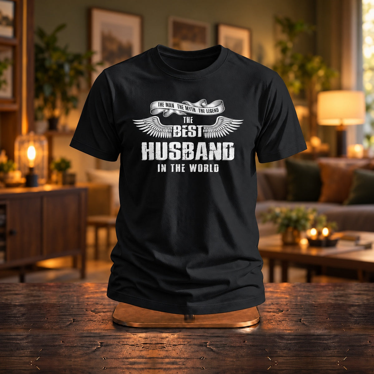 The Best Husband In The World wings T-shirt in black on a wooden stand in a warm lamp-lit living room - wedding anniversary gift for husband