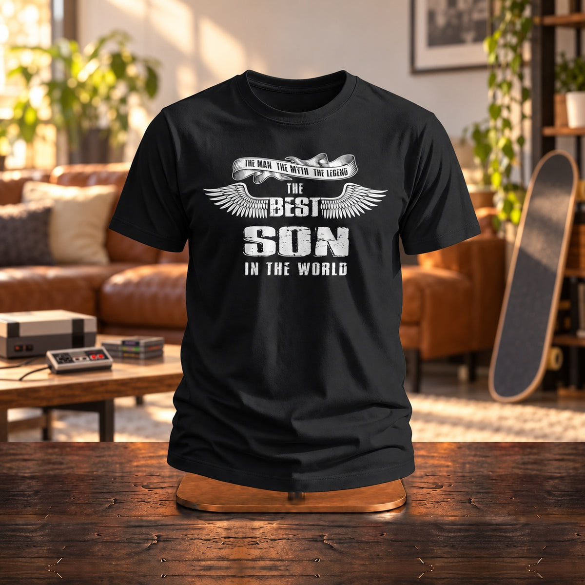 The Best Son In The World wings T-shirt in black on a wooden stand in a living room with a skateboard - gift for son from his parents