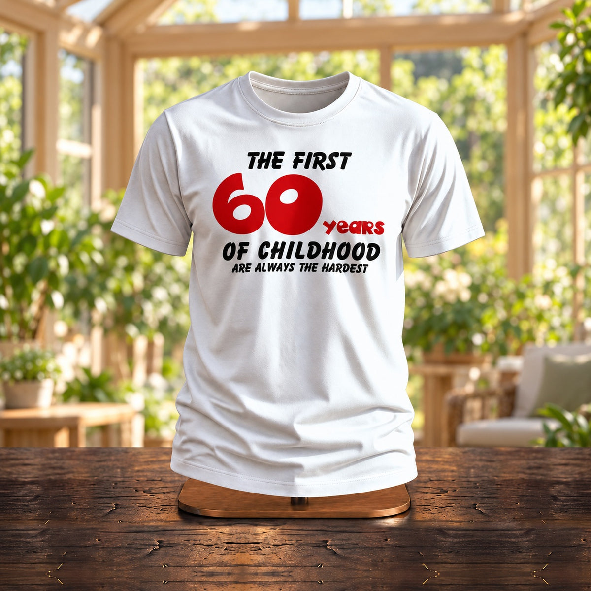 The First 60 Years of Childhood T-shirt in white with a red 60 on a wooden stand in a sunny garden room - funny 60th birthday gift