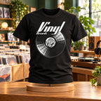 Vinyl Records t-shirt on a stand in a bright record shop - vinyl record print, GitGraf