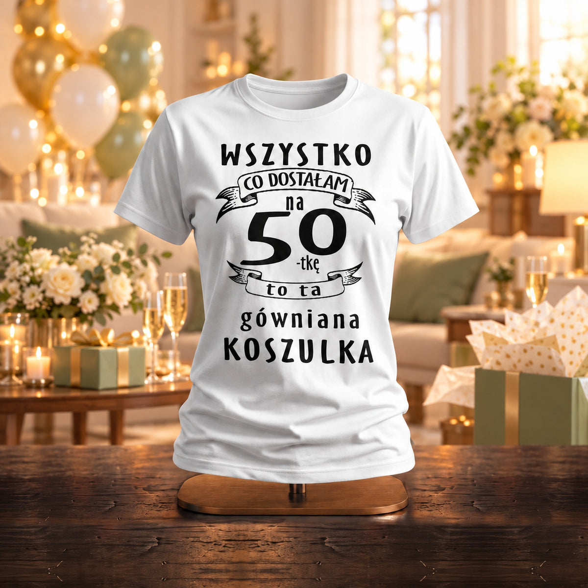 Wszystko Co Dostałam na 50-tkę - Koszulka, Prezent na 50 Urodziny dla Kobiety - zdjęcie na podstawce