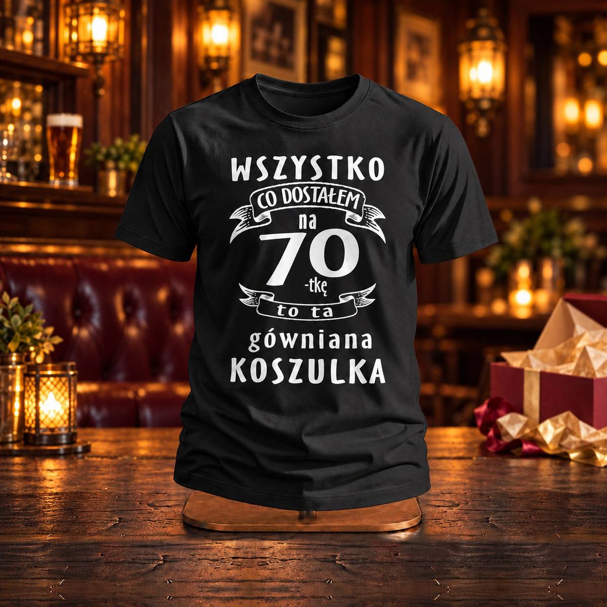 Wszystko Co Dostałem na 70-tkę - Koszulka, Prezent na 70 Urodziny dla Mężczyzny - zdjęcie na podstawce