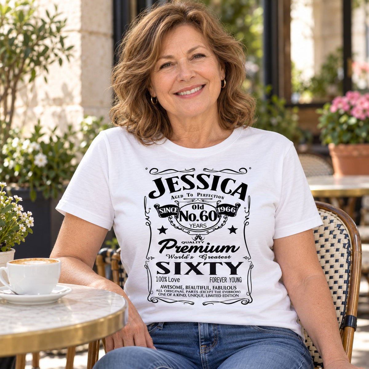 Jessica wearing a white personalised 60th birthday T-shirt with name, 60 years and 1966 - custom gift for her