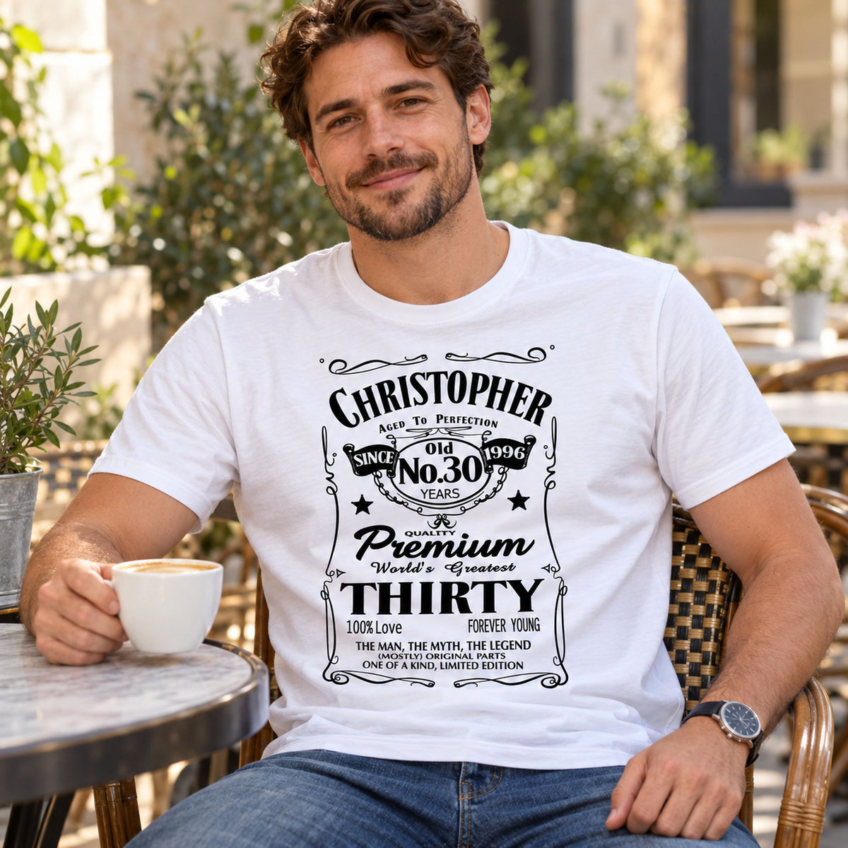 Christopher wearing a white personalised 30th birthday T-shirt with name, 30 years and 1996 - custom gift for him