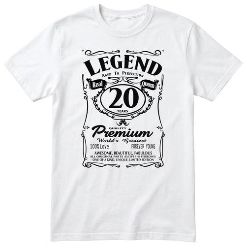 Legend Real Queen 20th birthday t-shirt for women in white - Gildan 64000 vintage label