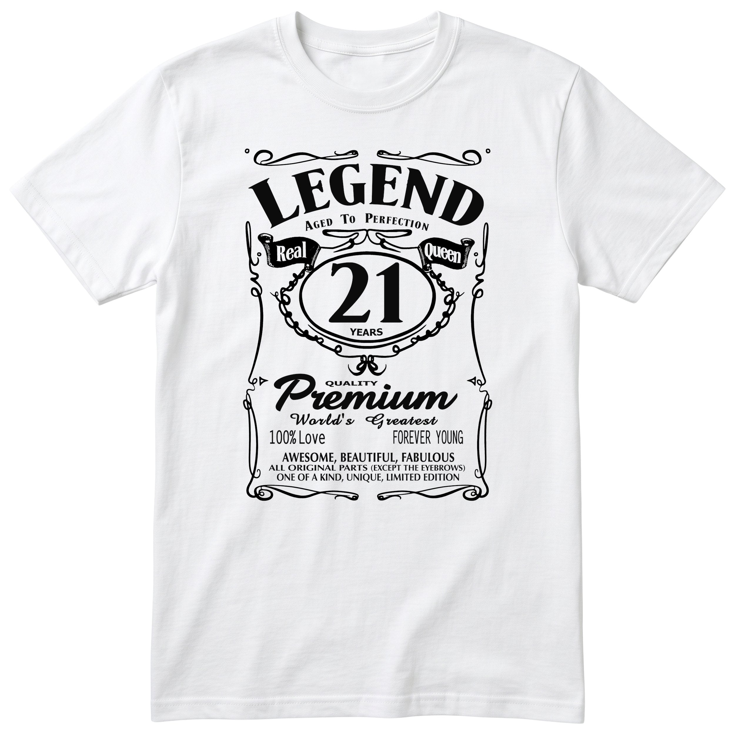Legend Real Queen 21st birthday t-shirt for women in white - Gildan 64000 vintage label