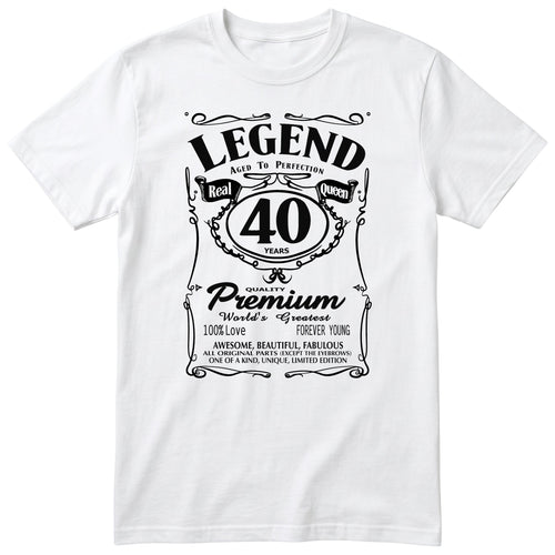 White unisex T-shirt with Real Queen Legend 40 years retro label printed on the front
