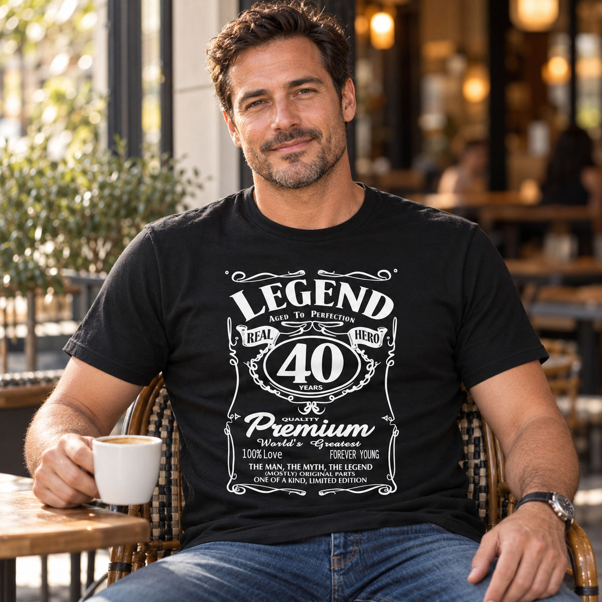 Legend 40 Years Real Hero t-shirt in black - man with a coffee at a café, 40th birthday gift for him