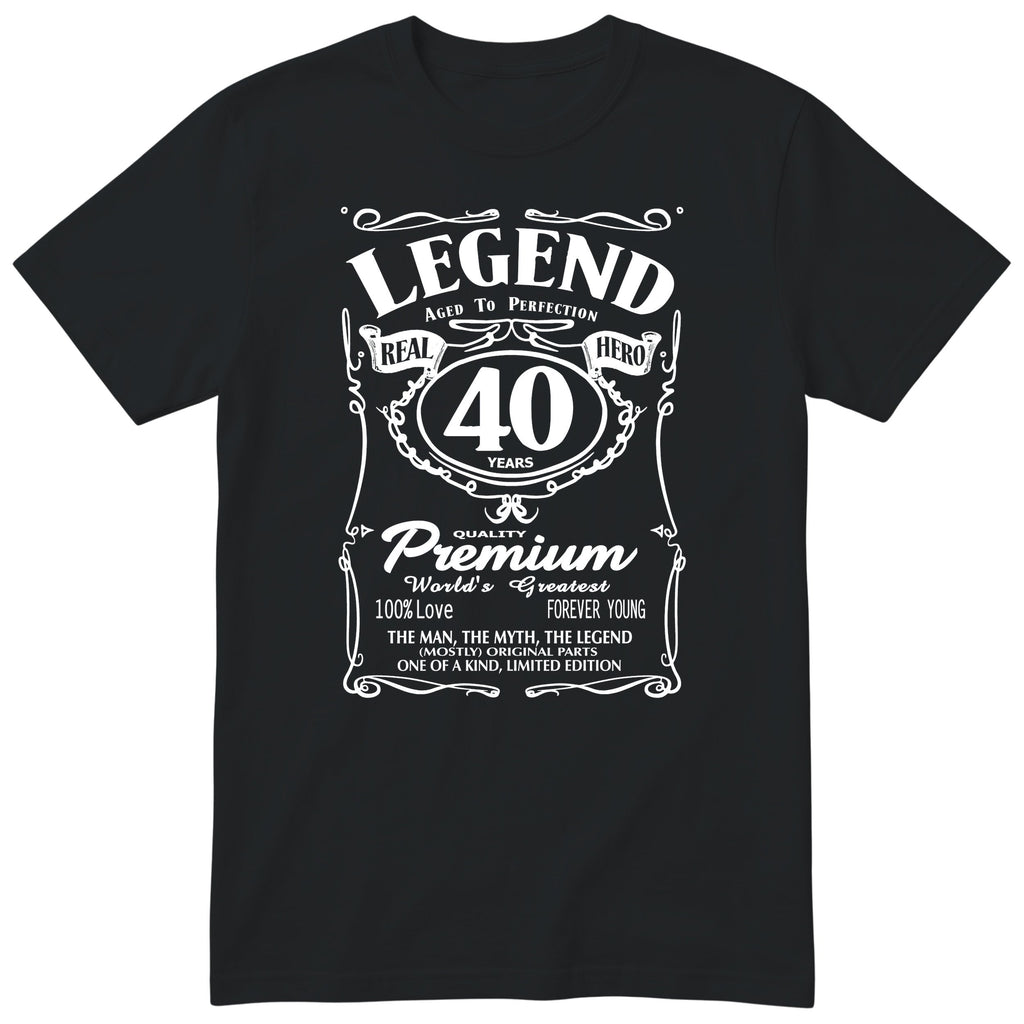 Legend 40th Birthday T-Shirt - Retro Label Gift for Him - Black