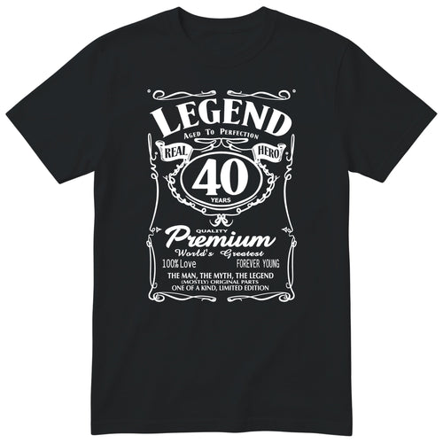 Legend 40th Birthday T-Shirt - Retro Label Gift for Him - Black