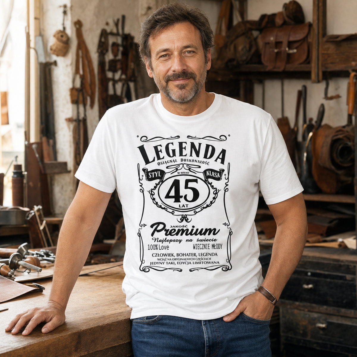 Koszulka Legenda 45 Lat Styl Klasa w kolorze białym - mężczyzna w warsztacie, prezent na 45 urodziny dla mężczyzny