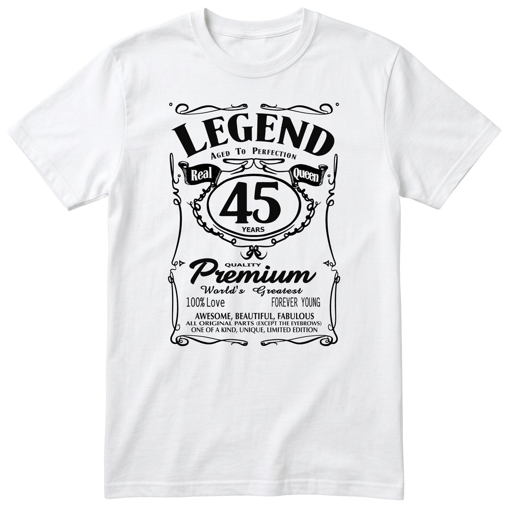 Legend Real Queen 45th birthday t-shirt for women in white - Gildan 64000 vintage label