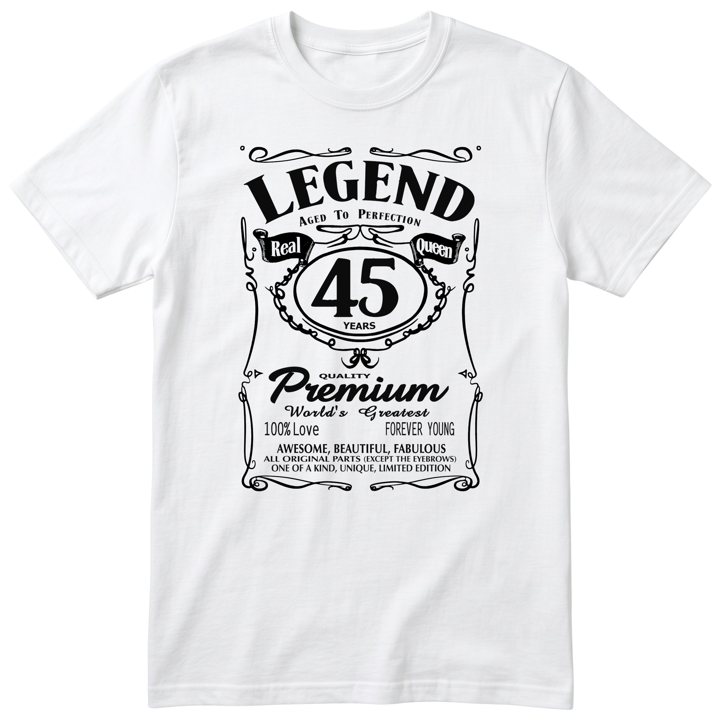 Legend Real Queen 45th birthday t-shirt for women in white - Gildan 64000 vintage label